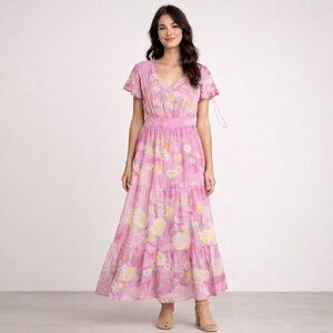 Savanna Jane Pink Floral Embroidered Boho Maxi Dress Womens Medium Cottagecore